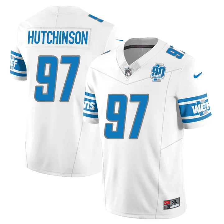 Men’s Detroit Lions 90th Year Patch Vapor Jersey V2 – All Stitched - White - Aidan Hutchinson — view 1