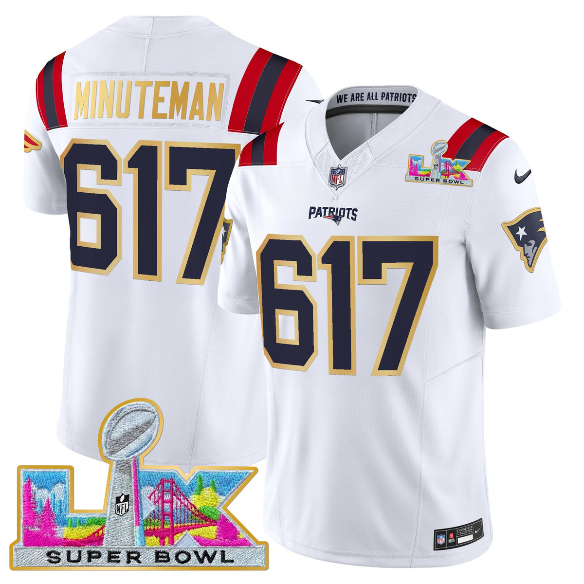 Men's New England Patriots Super Bowl LX Gold Trim Vapor Limited Jersey - All Stitched - White - Minuteman 617 — view 1