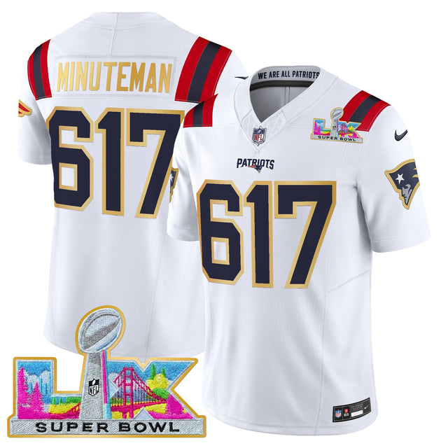 Men's New England Patriots Super Bowl LX Gold Trim Vapor Limited Jersey - All Stitched - White - Minuteman 617 — view 1