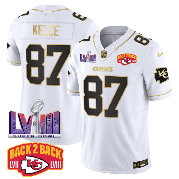 Men's Chiefs Super Bowl LVIII & Back 2 Back Patch Vapor Jersey V2 - All Stitched - White Gold - Travis Kelce — view 1