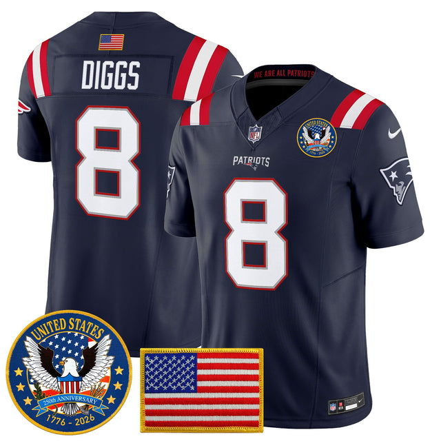 Men's New England Patriots United States 250th Anniversary Patch Vapor Limited Jersey - All Stitched - Navy - Stefon Diggs — view 1