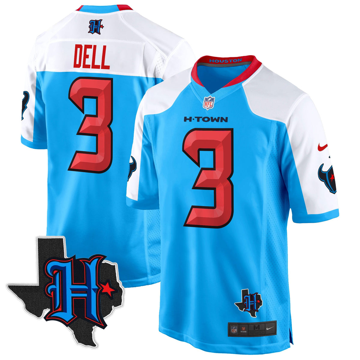 Men's Houston Texans 2024 Texas Patch Game Jersey - All Stitched - Blue Alternate - Tank Dell — view 1