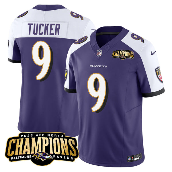 Men's Ravens 2023 AFC North Champions Patch Vapor Limited Jersey - All Stitched - Purple Alternate - Justin Tucker — view 1
