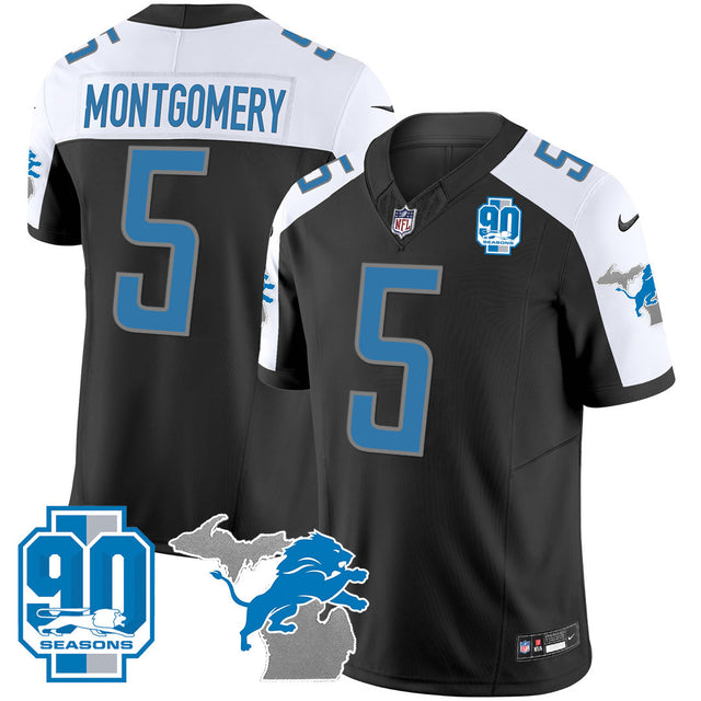 Men's Detroit Lions 90th Year & Michigan Patch Vapor Jersey - All Stitched - Black Alternate - David Montgomery — view 1