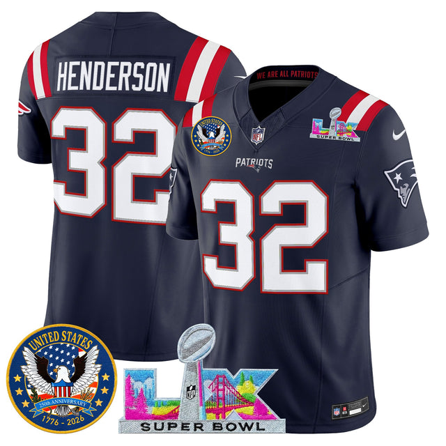 Men's New England Patriots Super Bowl LX & United States 250th Patch Vapor Limited Jersey - All Stitched - Navy - TreVeyon Henderson — view 1