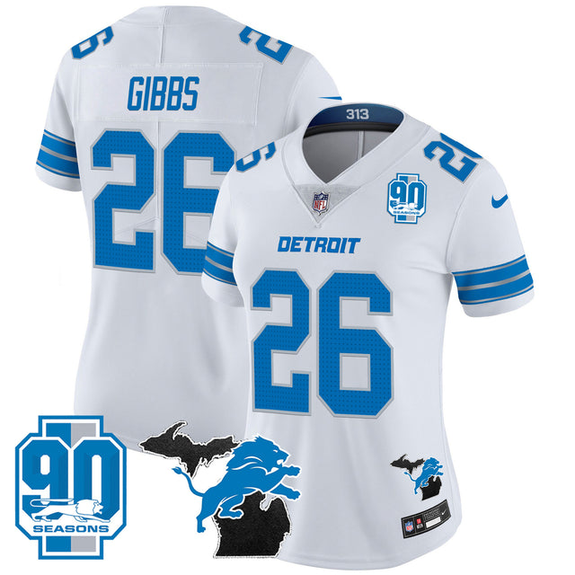 Women's Detroit Lions 2024 Michigan & 90th Year Patch Vapor Jersey - All Stitched - White - Jahmyr Gibbs — view 1