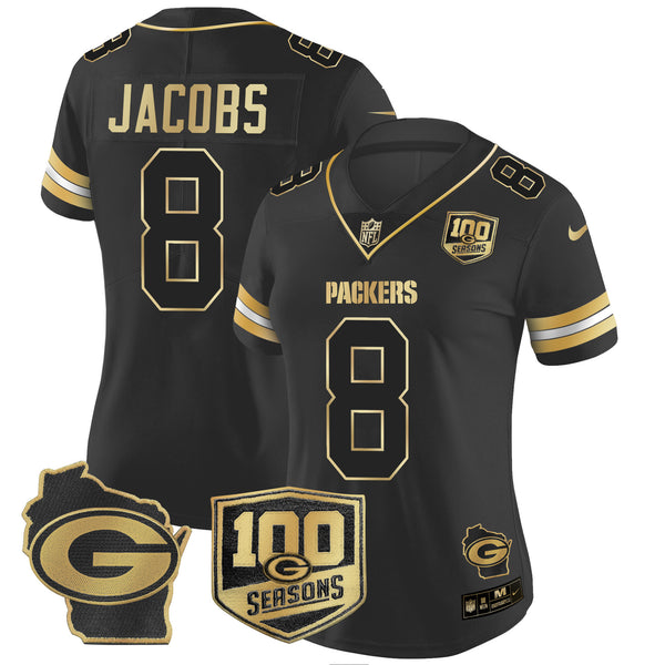 Women's Packers 100th Season & Home Patch Gold Vapor Limited Jersey – All Stitched - Black Gold - Josh Jacobs — view 1