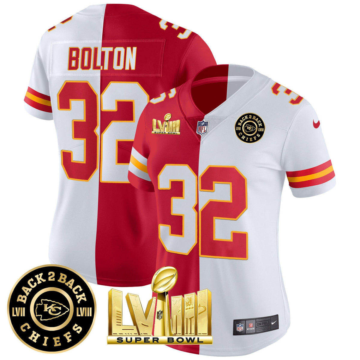 Women's Chiefs Super Bowl LVIII & Back 2 Back Patch Vapor Jersey V4 - All Stitched - Split - Nick Bolton — view 1