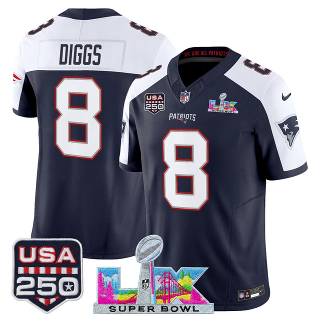 Men's New England Patriots Super Bowl LX & United States 250th Anniversary Patch Vapor Limited Jersey - All Stitched - Navy Alternate - Stefon Diggs — view 1