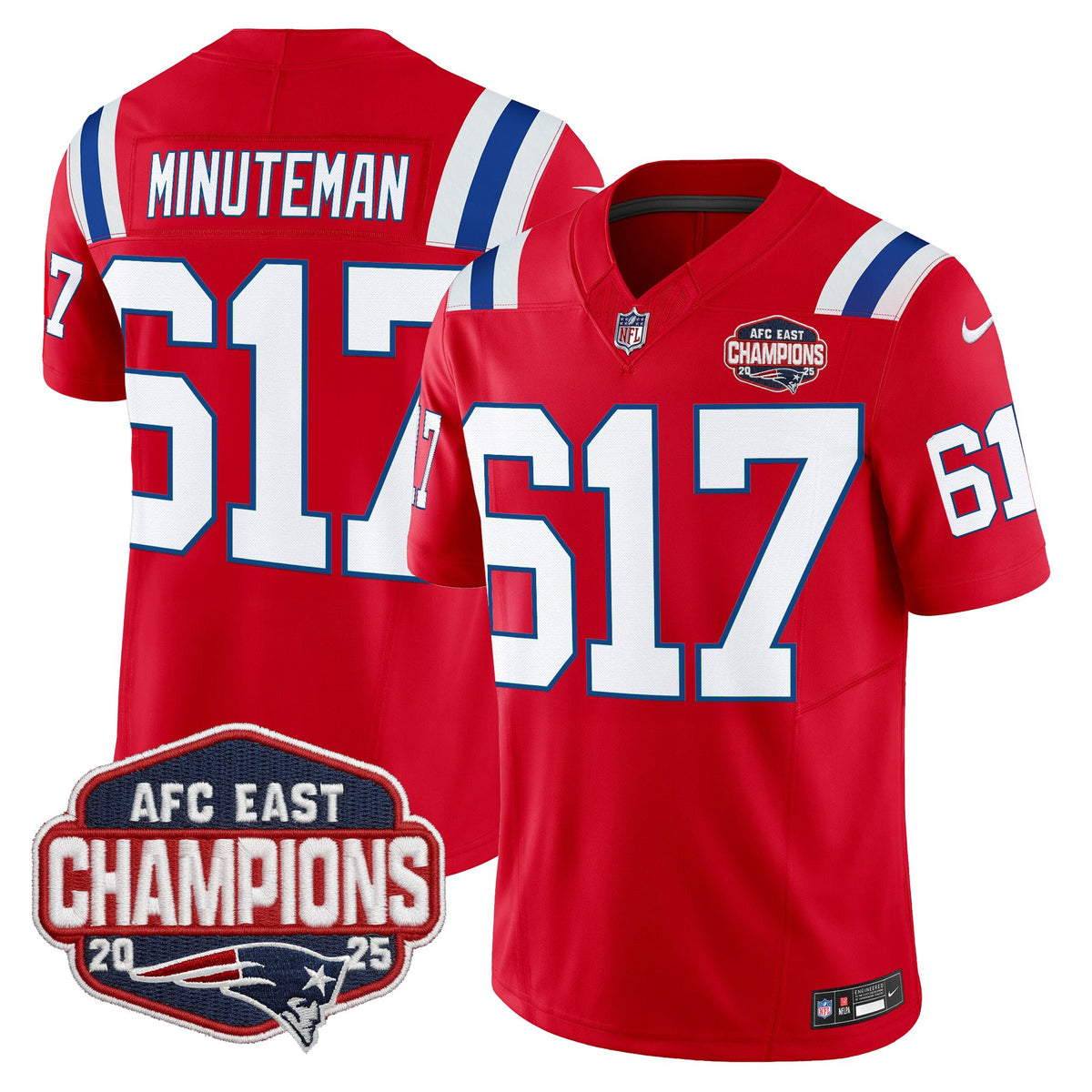 Men's New England Patriots 2025 AFC East Division Champions Vapor Limited Jersey - All Stitched - Red - Minuteman 617 — view 1