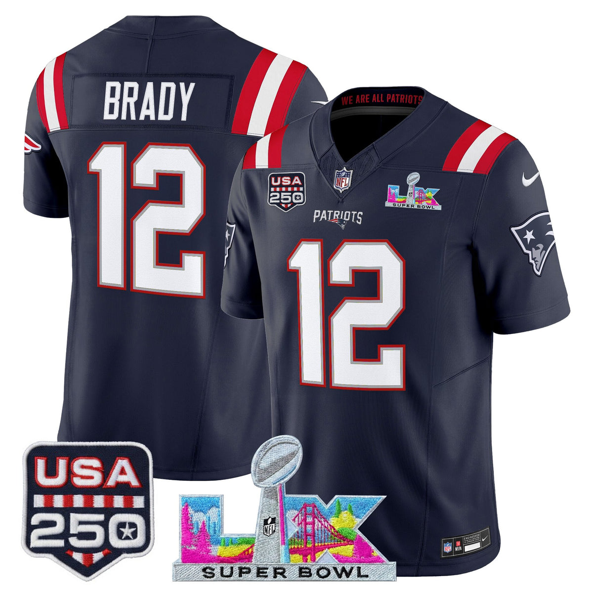 Men's New England Patriots Super Bowl LX & United States 250th Anniversary Patch Vapor Limited Jersey - All Stitched - Navy - Tom Brady — view 1