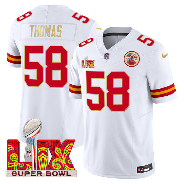 Men's Chiefs Super Bowl LIX Patch Gold Trim Vapor Limited Jersey - All Stitched - White - Derrick Thomas — view 1