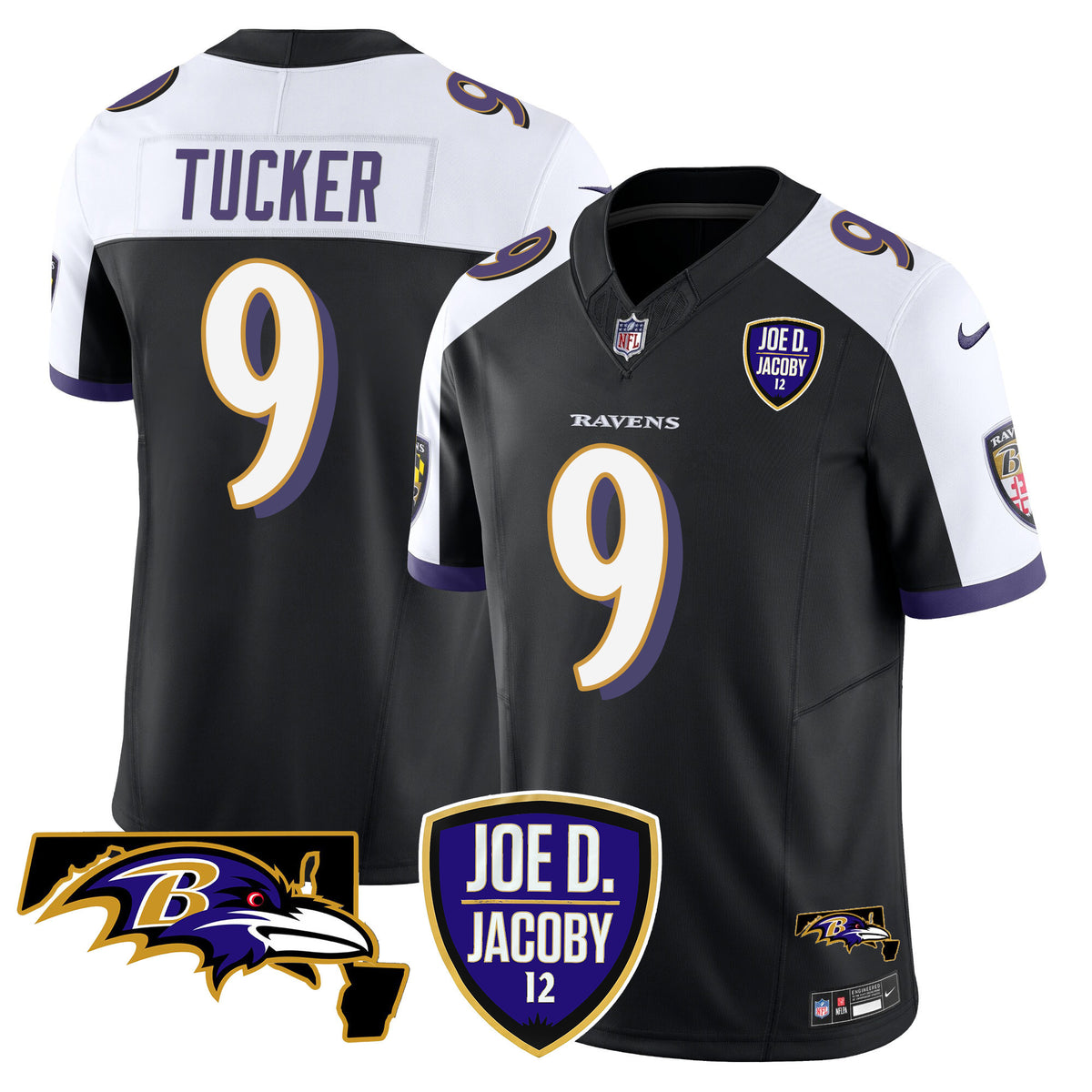 Men's Ravens Joe D & Jacoby Patch Vapor Limited Jersey - All Stitched - Black Alternate - Justin Tucker — view 1