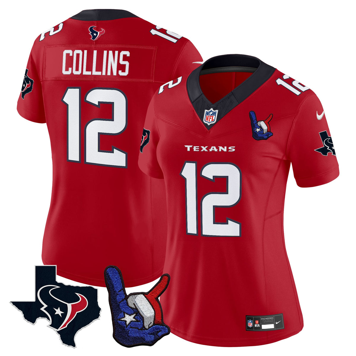 Women's Houston Texans Hand Sign Throwing Up The H Vapor Jersey - All Stitched - Red - Nico Collins — view 1