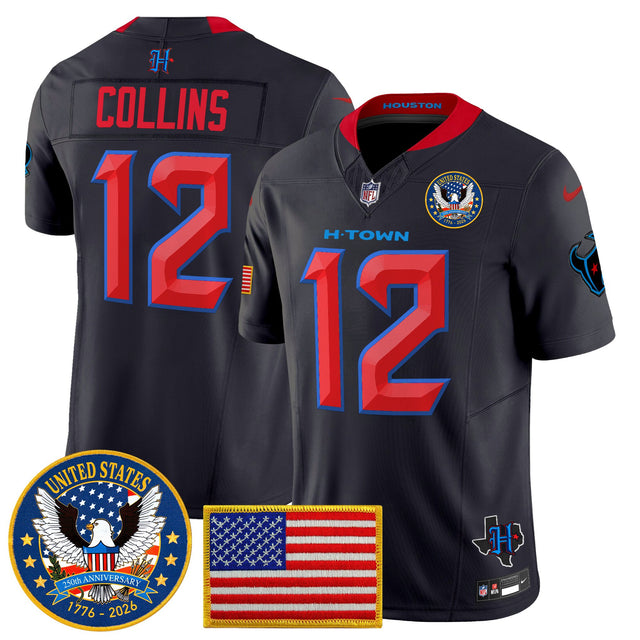 Men's Houston Texans United States 250th Anniversary Patch Vapor Limited Jersey - All Stitched - Navy Limited - Nico Collins — view 1