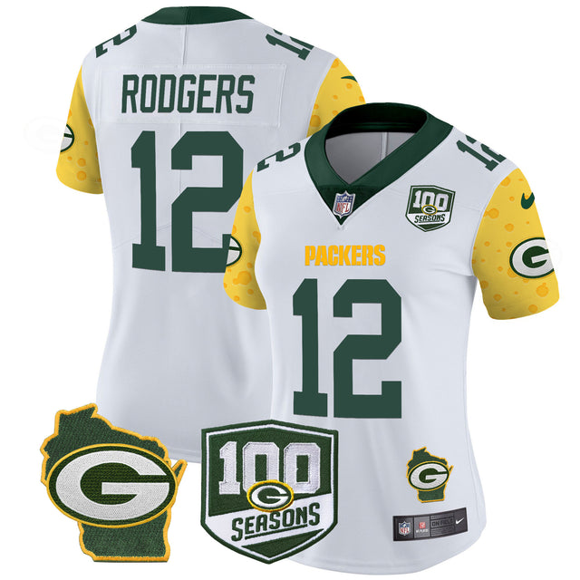 Women's Packers 100th Season & Home Patch Cheese Vapor Limited Jersey – All Stitched - White - Aaron Rodgers — view 1
