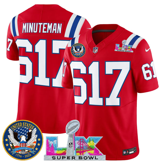 Men's New England Patriots Super Bowl LX & United States 250th Patch Vapor Limited Jersey - All Stitched - Red - Minuteman 617 — view 1