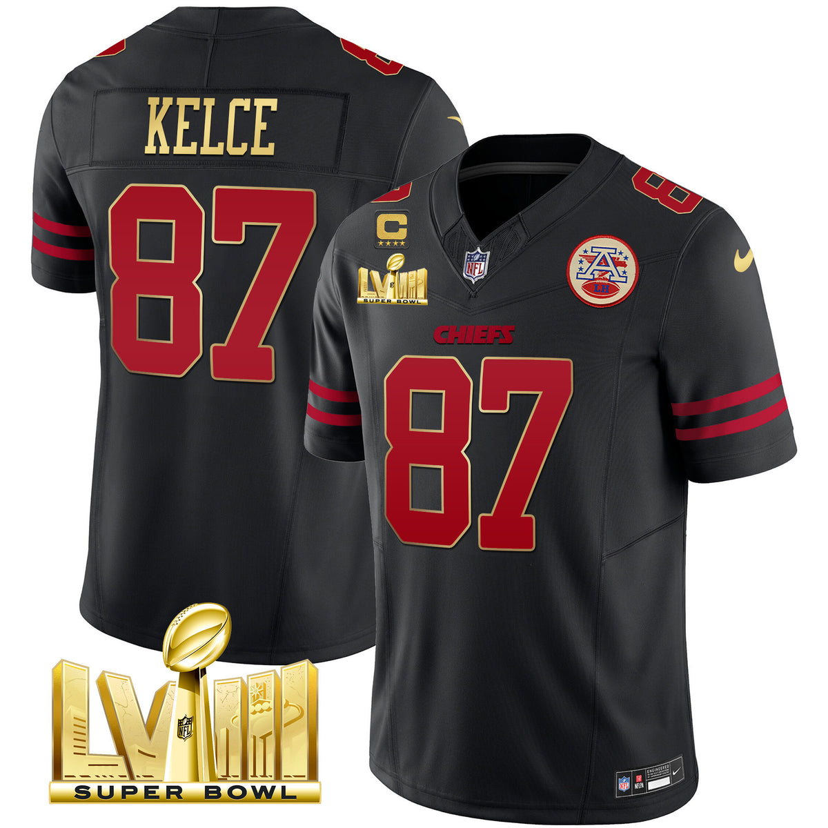 Men's Chiefs Super Bowl LVIII Gold Patch Vapor Jersey - All Stitched - Gold Trim - Travis Kelce — view 1