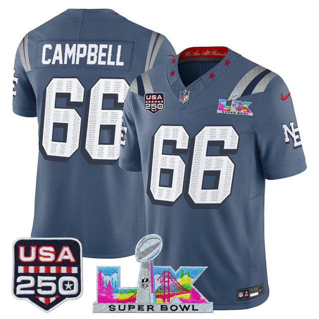 Men's New England Patriots Super Bowl LX & United States 250th Anniversary Patch Vapor Limited Jersey - All Stitched - Storm Blue - Will Campbell — view 1