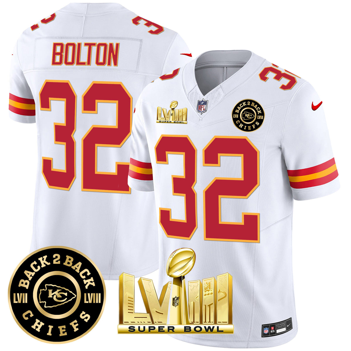 Men's Chiefs Super Bowl LVIII & Back 2 Back Patch Vapor Jersey V3 - All Stitched - White - Nick Bolton — view 1