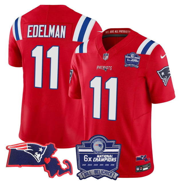 Women's Patriots Bill Belichick 6x Champions Patch Vapor Jersey - All Stitched - Red - Julian Edelman — view 1