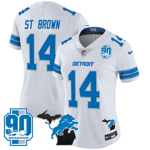 Women's Detroit Lions 2024 Michigan & 90th Year Patch Vapor Jersey - All Stitched - White - St. Brown — view 1