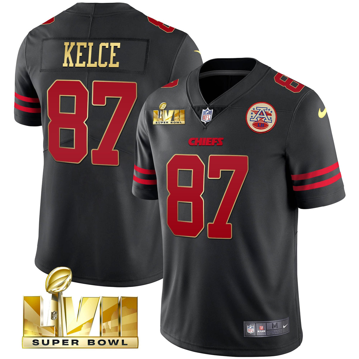 Men's Chiefs Super Bowl LVII Red Gold Vapor Jersey - All Stitched - Gold Trim - Travis Kelce — view 1