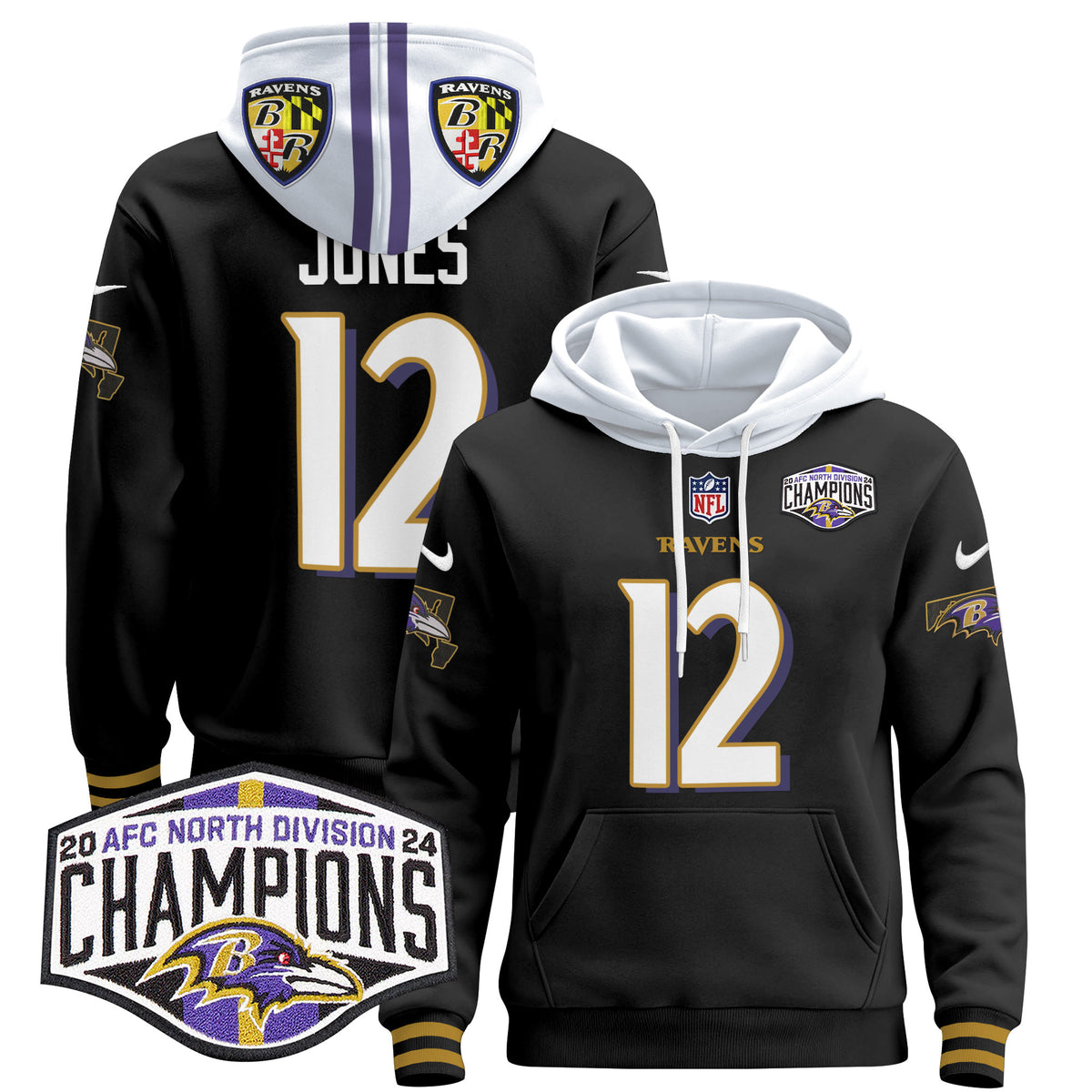 Men's Baltimore Ravens 2024 AFC North Division Champions Patch Pullover Hoodie V2 - All Stitched - Black - Jacoby Jones — view 1