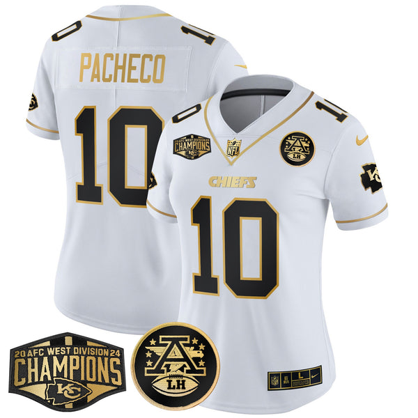 Women's Chiefs 2024 AFC West Division Champions Patch Gold Vapor Limited Jersey - All Stitched - White Gold - Isiah Pacheco — view 1