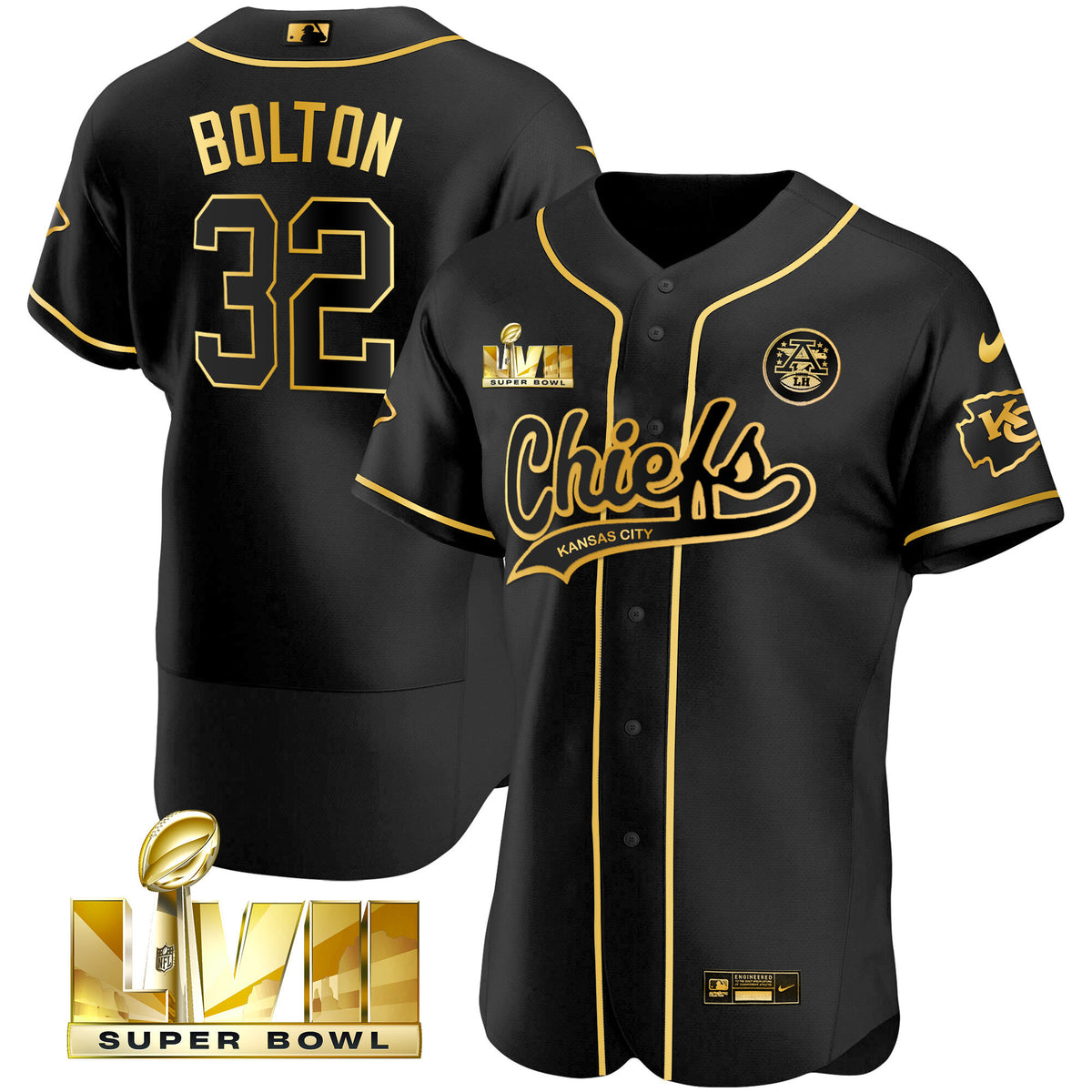 Men's Chiefs Super Bowl LVII Flex Base Jersey - All Stitched - Black Gold - Nick Bolton — view 1