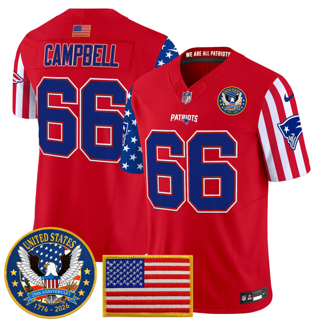 Men's New England Patriots America250 Edition Vapor Limited Jersey - All Stitched - Red - Will Campbell — view 1
