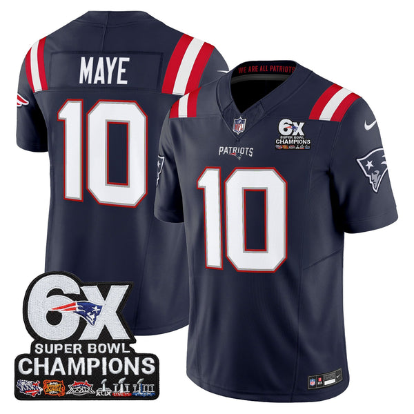 Men's New England Patriots 6-Time Champions Patch Vapor Limited Jersey - All Stitched - Navy - Drake Maye — view 1