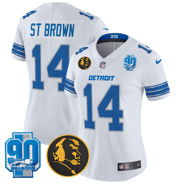 Women's Detroit Lions 2024 90th & John Madden Patch Vapor Limited Jersey - All Stitched - White - St. Brown — view 1