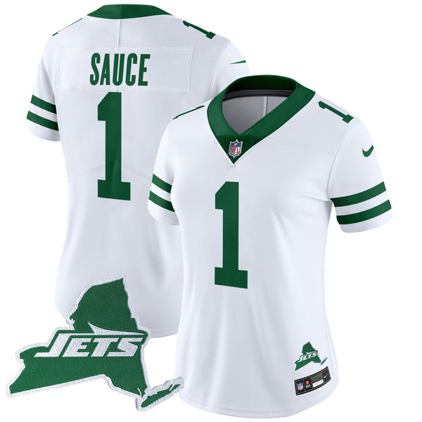 Women's New York Jets Home Patch Vapor Legacy Limited Jersey - All Stitched - White - Ahmad Sauce — view 1