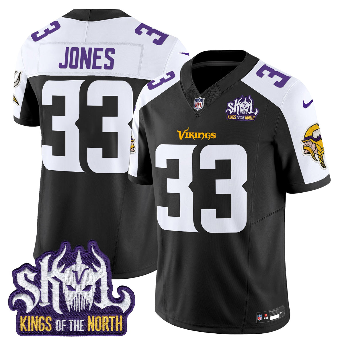Men's Minnesota Vikings Kings Of The North Patch Vapor Limited Jersey V2 - All Stitched - Black Alternate - Aaron Jones — view 1