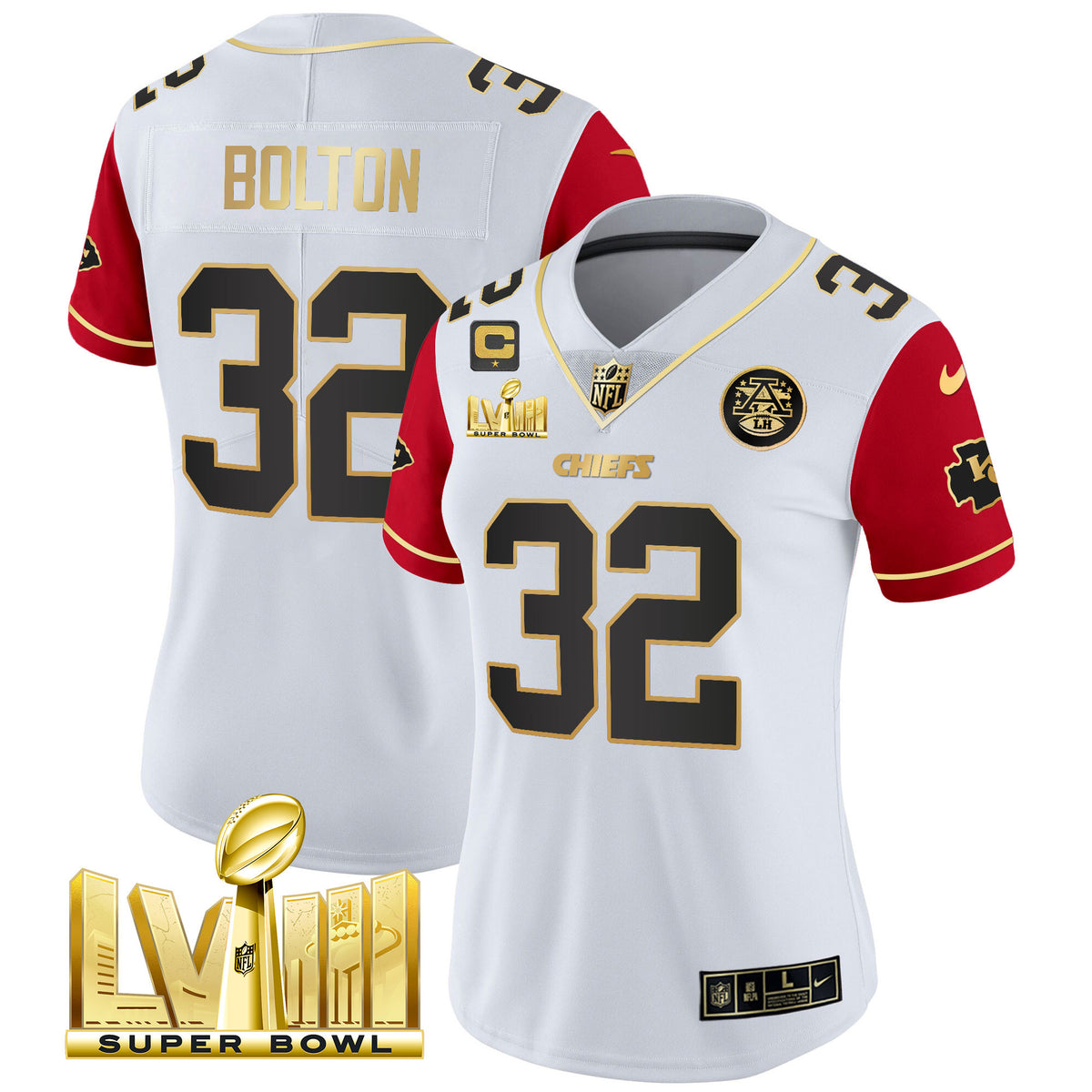 Women's Chiefs Super Bowl LVIII Gold Patch Vapor Jersey V4 - All Stitched - Color Sleeves - Nick Bolton — view 1