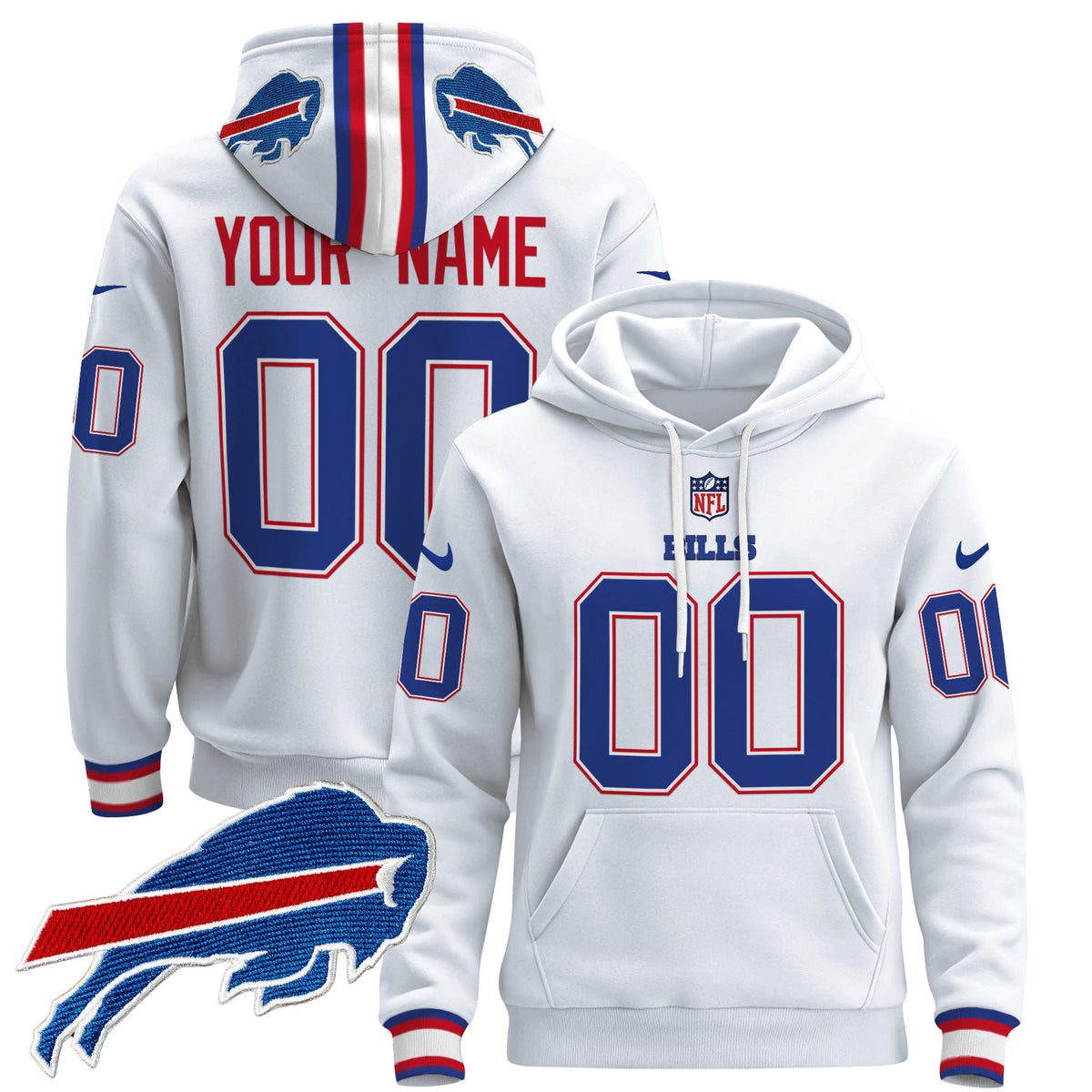 Buffalo Bills 2024 Custom Pullover Hoodie - All Stitched - White — view 1