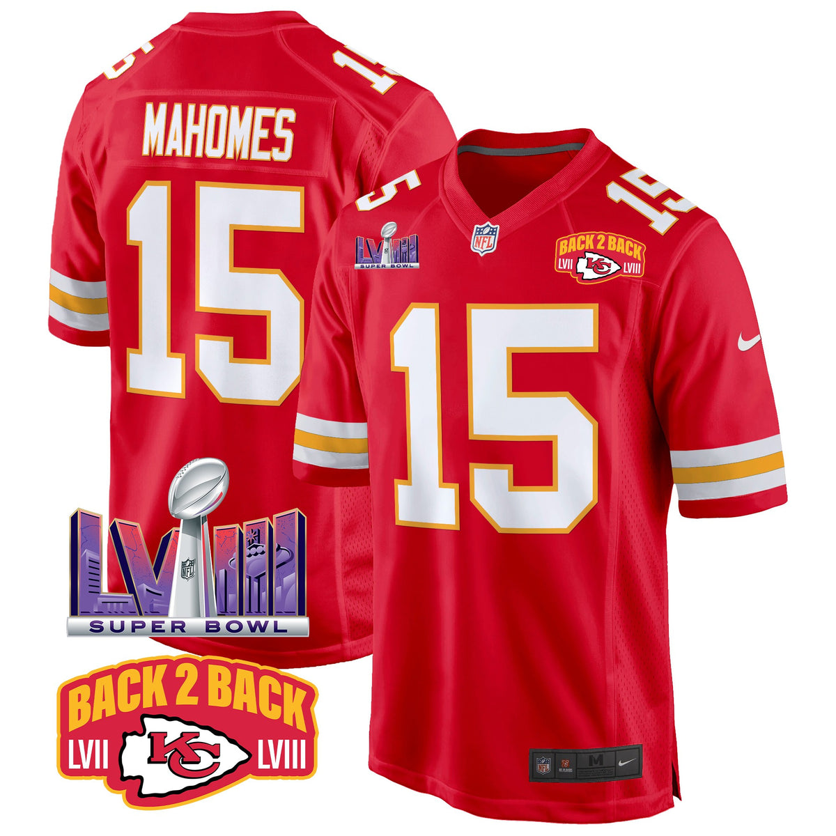 Men's Chiefs Super Bowl LVIII & Back 2 Back Patch Game Jersey - All Stitched - Red - Patrick Mahomes — view 1