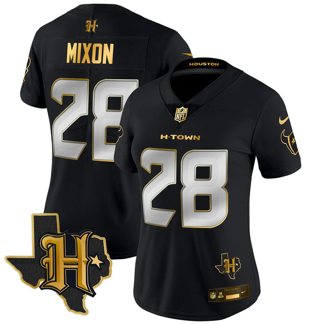 Women's Houston Texans 2024 Texas Patch Gold Vapor Limited Jersey - All Stitched - Black Limited - Joe Mixon — view 1