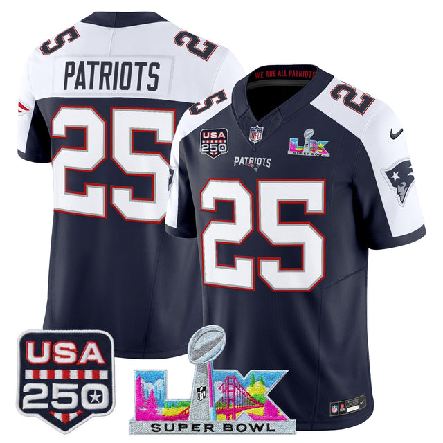 Men's New England Patriots Super Bowl LX & United States 250th Anniversary Patch Vapor Limited Jersey - All Stitched - Navy Alternate - #25 Patriots — view 1
