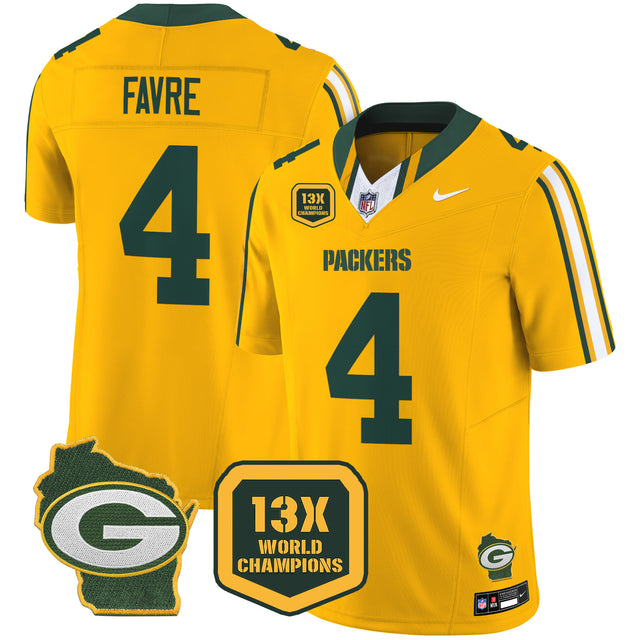 Men's Packers 13 Time World Champions & Home Patch Vapor Limited Jersey – All Stitched - Gold - Brett Favre — view 1