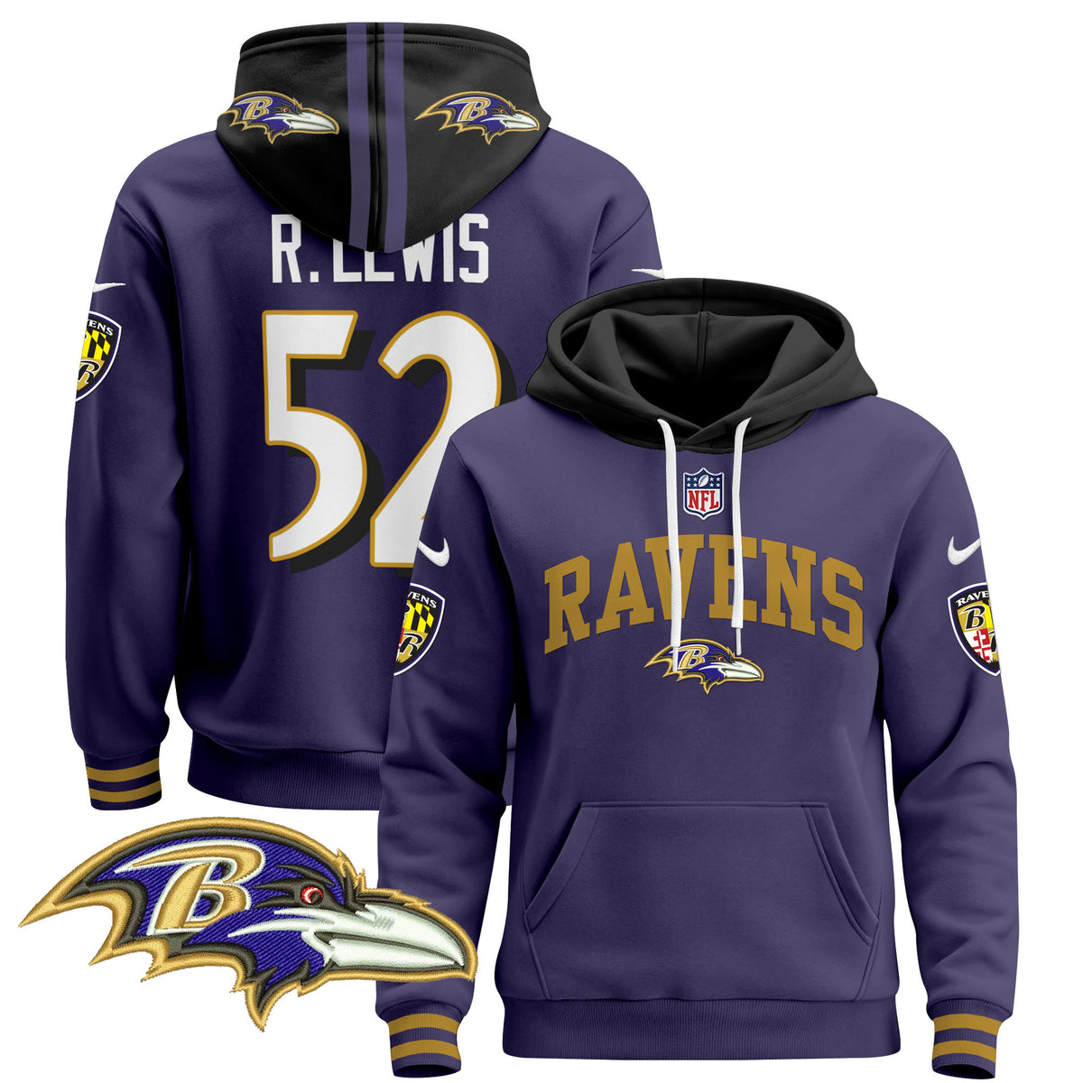 Men's Baltimore Ravens 2024 Pullover Hoodie V2 - All Stitched - Purple - Ray Lewis — view 1