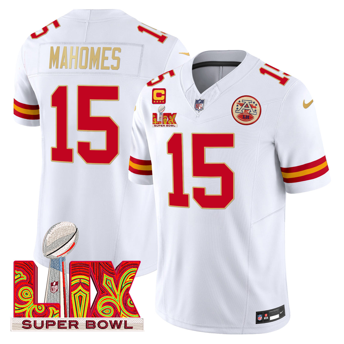 Men's Chiefs Super Bowl LIX Patch Gold Trim Vapor Limited Jersey - All Stitched - White - Patrick Mahomes — view 1
