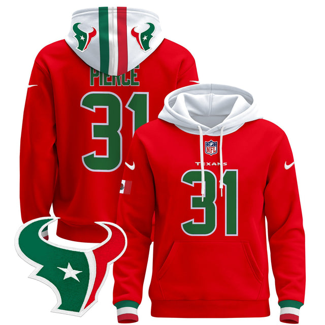Men's Houston Texans Mexico 2024 Pullover Hoodie - All Stitched - Red - Dameon Pierce — view 1