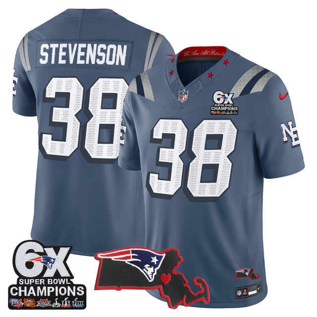 Men's New England Patriots 6-Time Champions & Massachusetts Patch Vapor Limited Jersey - All Stitched - Storm Blue - Rhamondre Stevenson — view 1