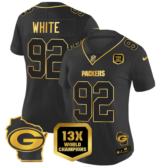 Women's Packers 13 Time World Champions & Home Patch Gold Vapor Jersey – All Stitched - Black Gold - Reggie White — view 1