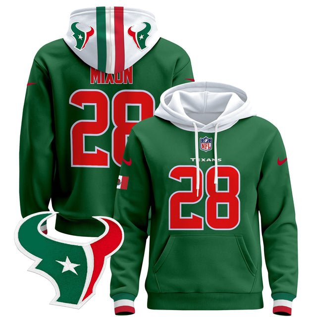 Men's Houston Texans Mexico 2024 Pullover Hoodie - All Stitched - Green - Joe Mixon — view 1