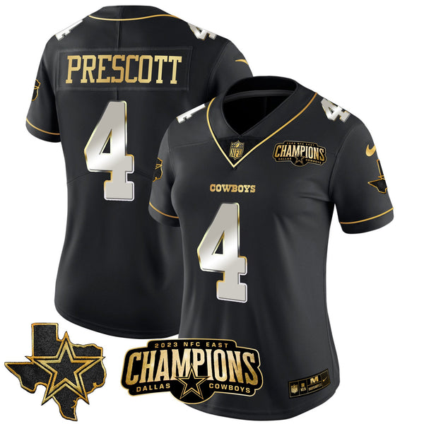 Women's Cowboys 2023 NFC East Champions Patch Gold Vapor Jersey - All Stitched - Black Limited - Dak Prescott — view 1