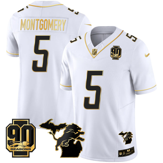 Men's Detroit Lions 90th Year & Michigan Patch Gold Vapor Jersey - All Stitched - White Gold - David Montgomery — view 1