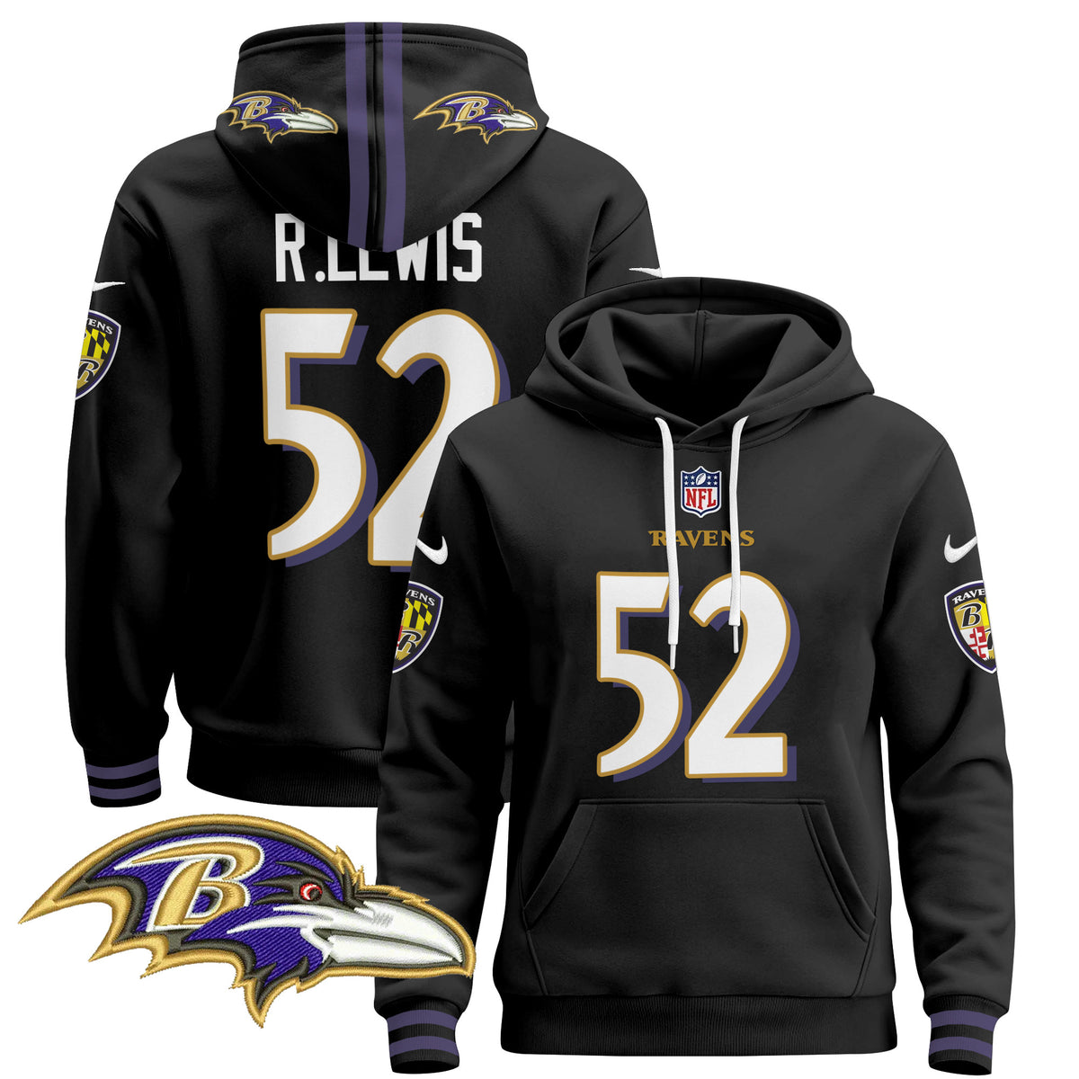 Men's Baltimore Ravens 2024 Pullover Hoodie V4 - All Stitched - Black - Ray Lewis — view 1